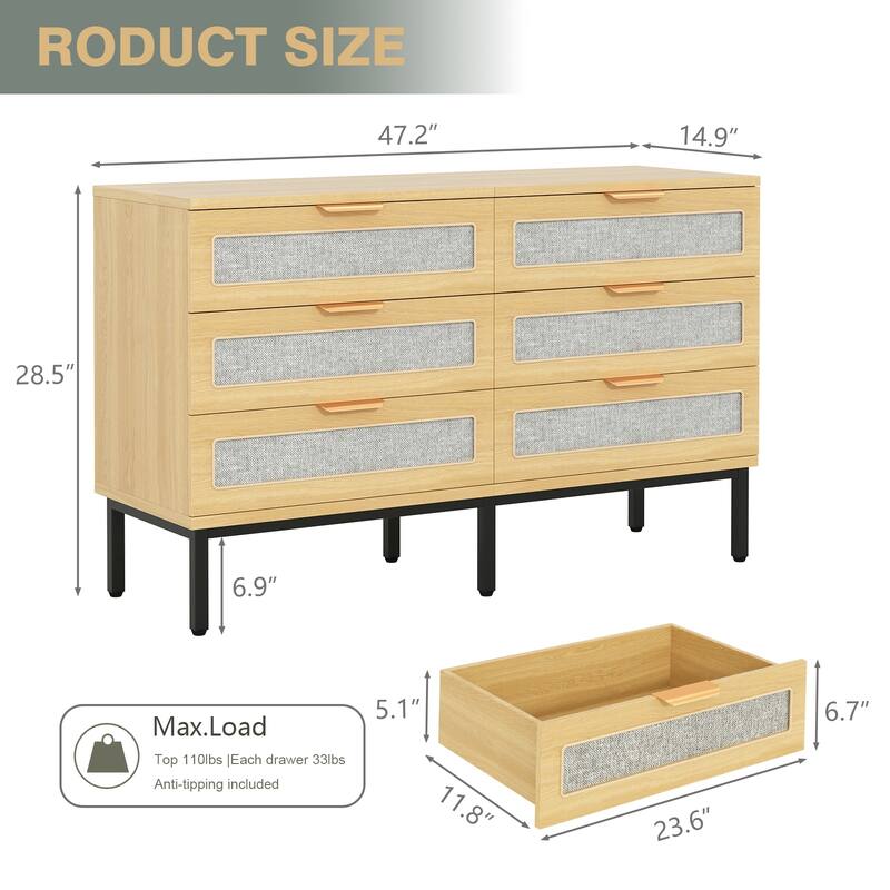 Gymojoy 47" 6 Drawer Rattan Dresser for Bedroom, Boho Farmhouse Wood Chest of Drawers with Metal Handles, Closet Organizer
