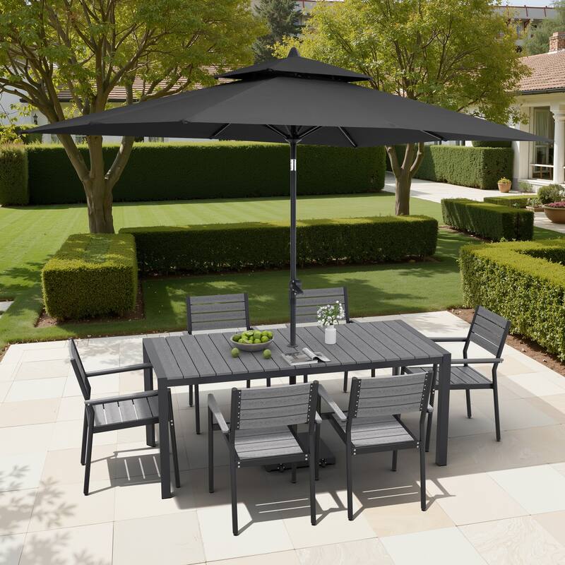 9/11-Piece Patio Dining Set Aluminum Dining Table and Chairs w/10 ft Market Umbrella and Base with Wheels - Set of 9 - Grey Table with Black Umbrella