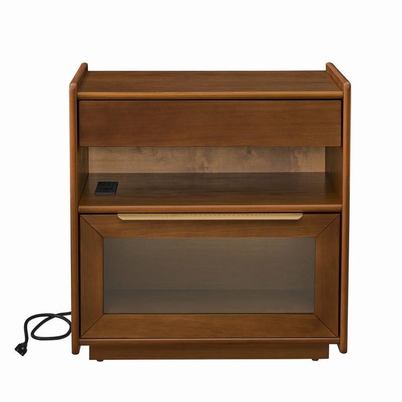 Mid Century Modern 2-Drawer Nightstand with Charging Station and Open Shelf for Bedroom Storage and Convenience