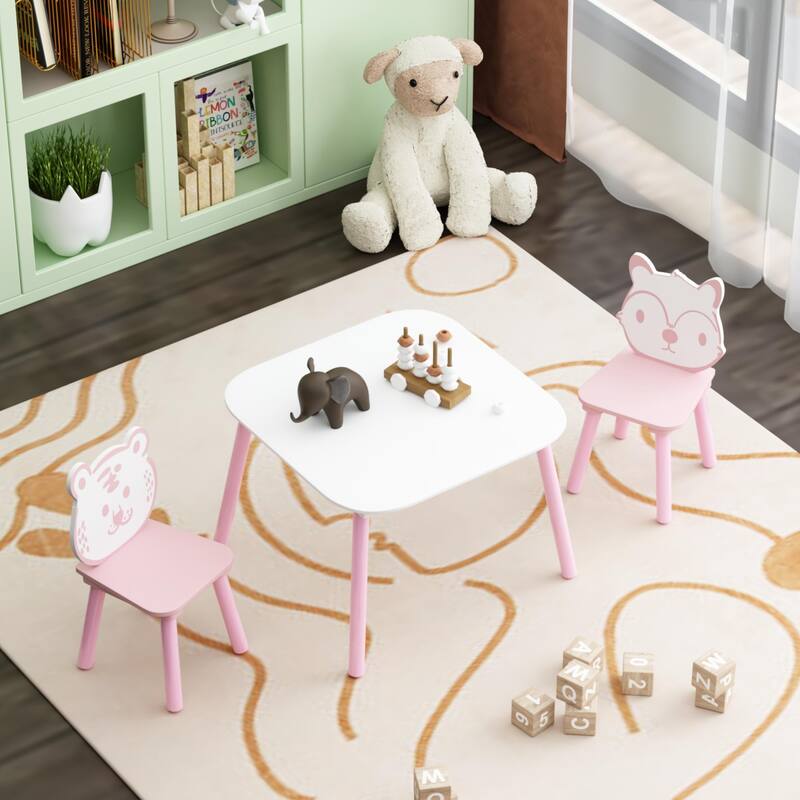 Anmytek Toddler 3-Piece Wooden Table and Chair Set Kids Activity Desk with Animal Backrest for Playroom Nursery