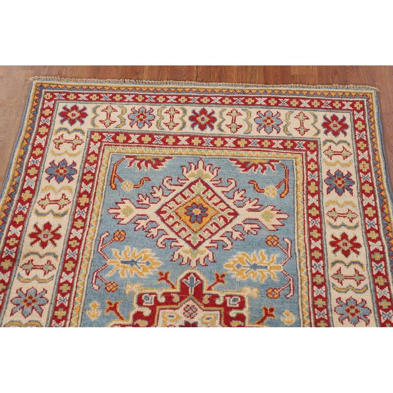 Light Blue Kazak Accent Rug Hand-Knotted Geometric Wool Carpet - 3'4"x 4'11"
