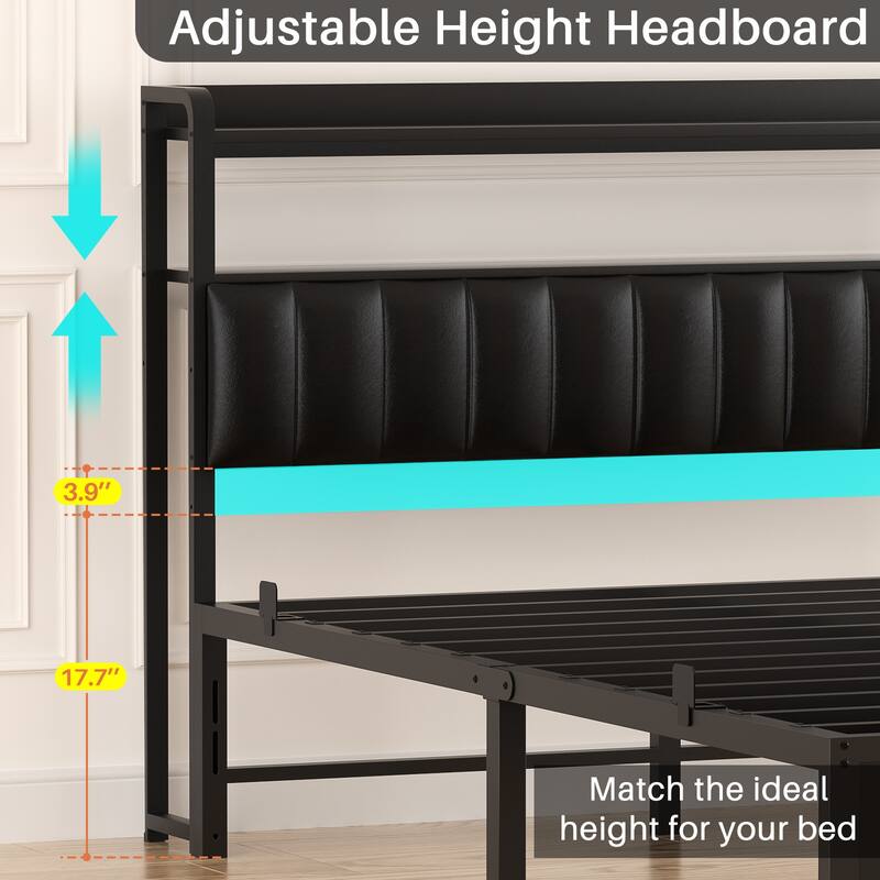 Platform Bed Frame with Upholstered Storage Headboard, Full/ Queen/ King Beds with Charge Station and LED Lights
