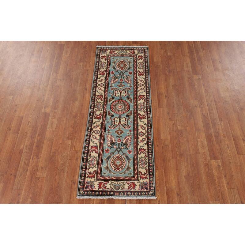Light Blue Traditional Kazak Runner Rug Handmade Hallway Wool Carpet - 2'1" x 5'9"