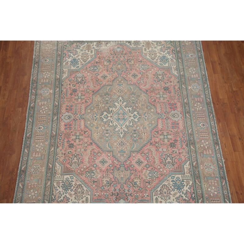 Hand Knotted Oriental 100% Wool Carpet Traditional Medallion Pink Tabriz Area Rug - 9' 7'' X 6' 7''