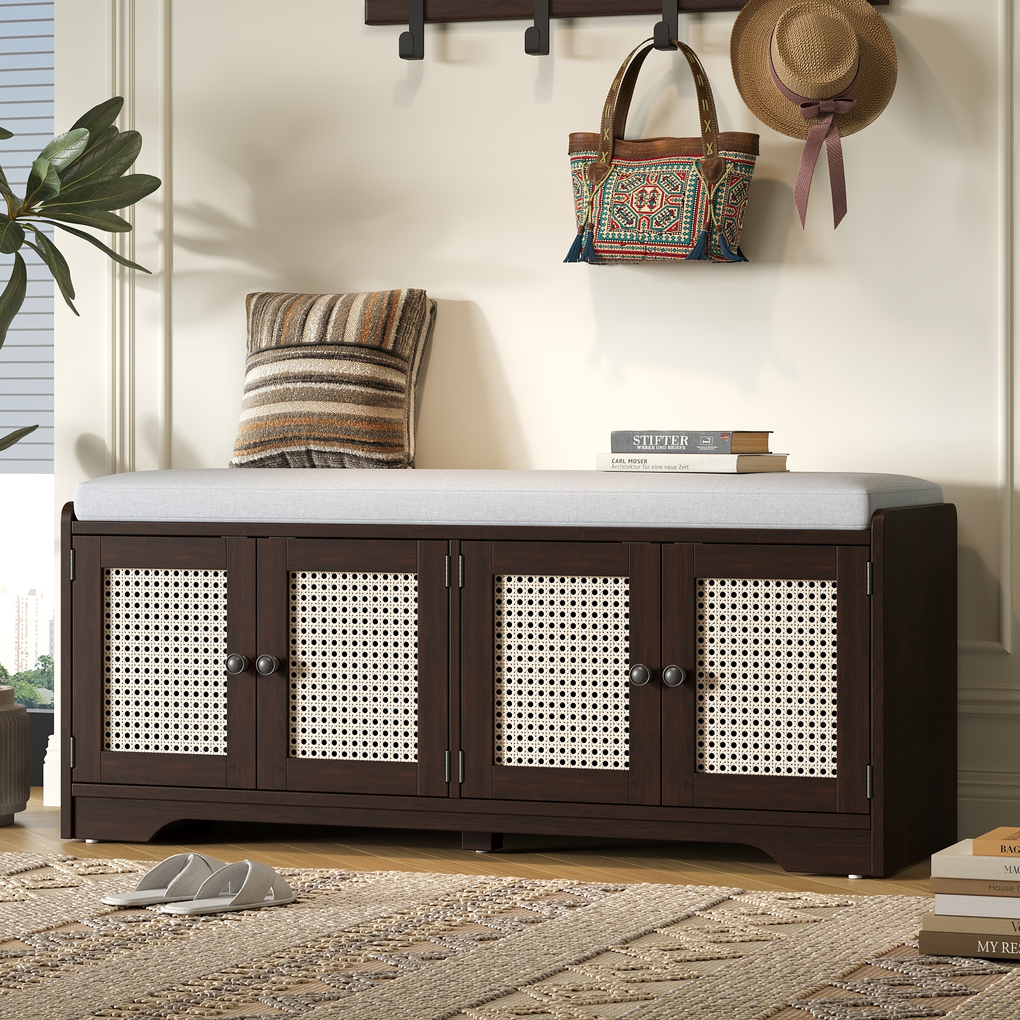 Rustic Storage Bench - Multifunctional Wood Entryway Shoe Bench with Removable Cushion, Woven Rattan Doors & Adjustable Shelves.