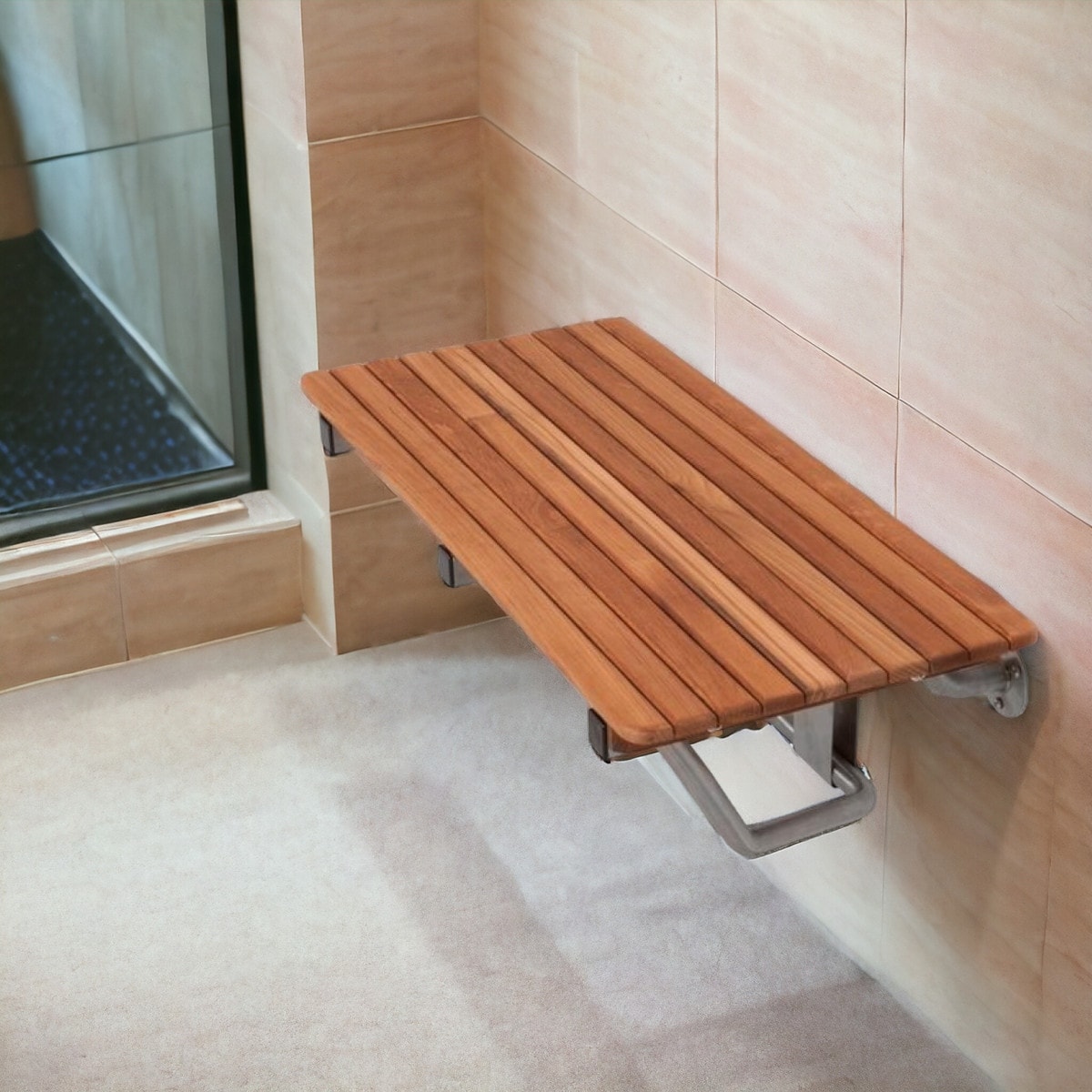 HomeRoots 28" Brown Premium Wall Mount Teak Shower Bench