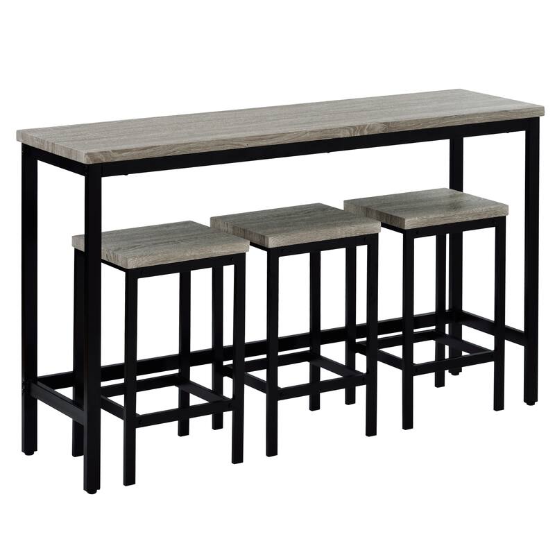 Gray Charming Bar Table and Chair Set, Coffee Table with Steel Frame, Backless Dining Chairs with Footrests