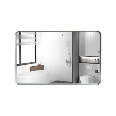 Glossy Brushed Silver Rounded Corner Rectangle Bathroom Mirror
