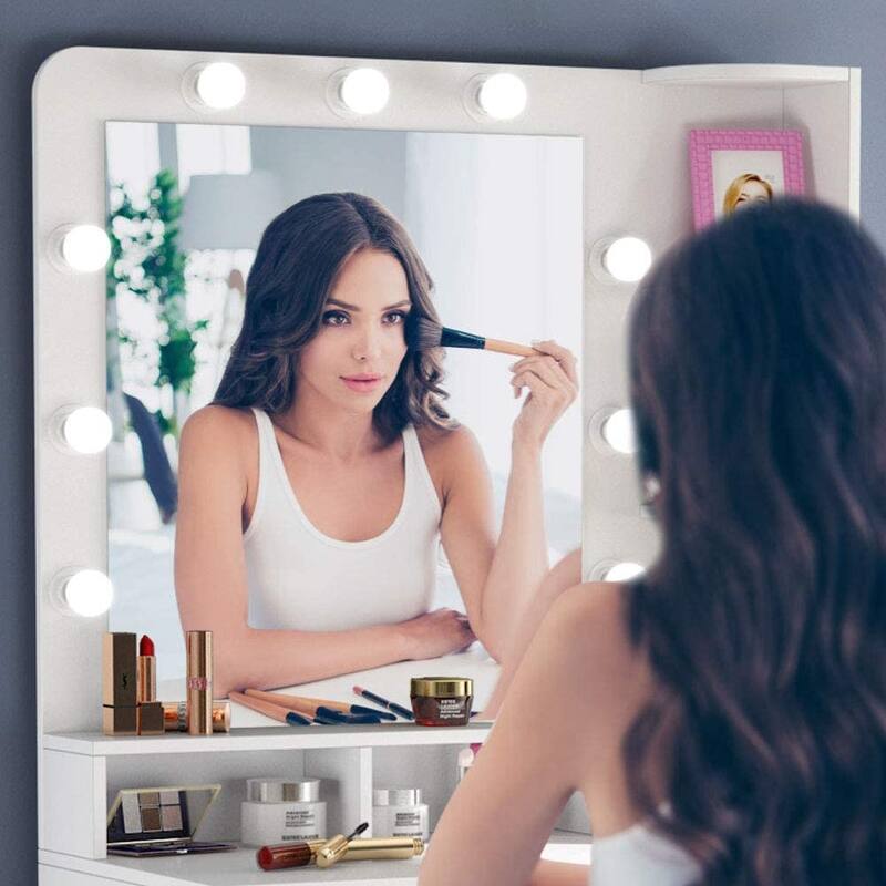 Makeup Vanity Dressing Table with 9 Lights, 2 Drawers and Storage Shelves for Bedroom