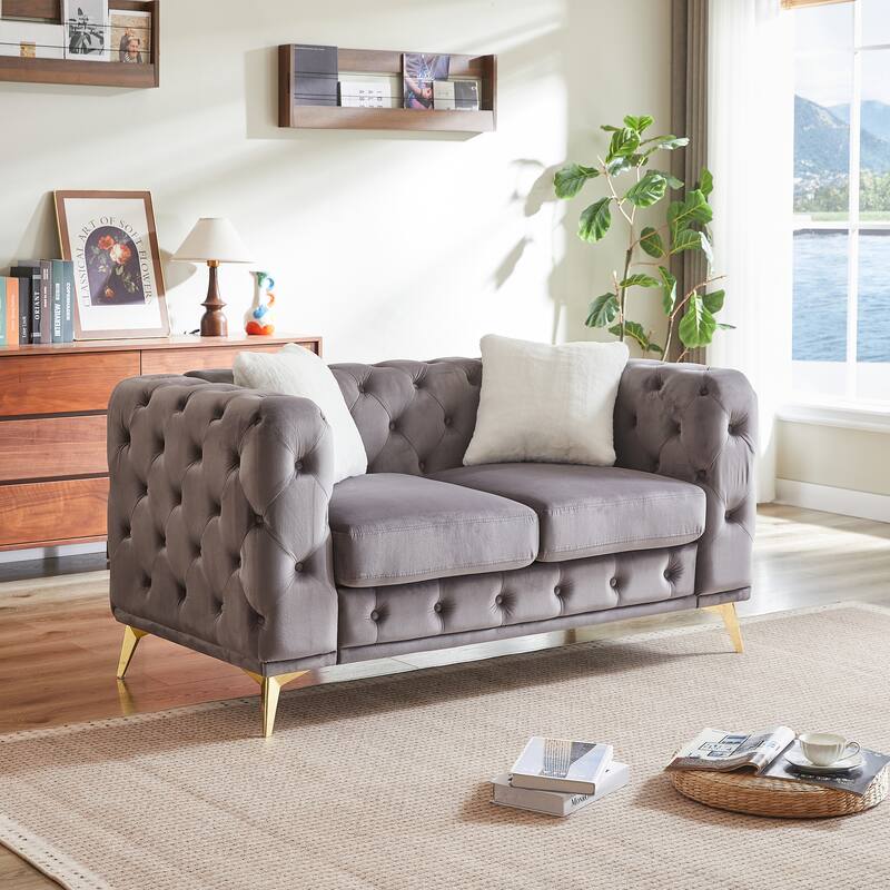 Velvet Chesterfield Loveseat Sofa, Tufted Button Upholstered 2 Seater Sofa, Lounge Sofa Chair with 2 Pillows & Metal Legs