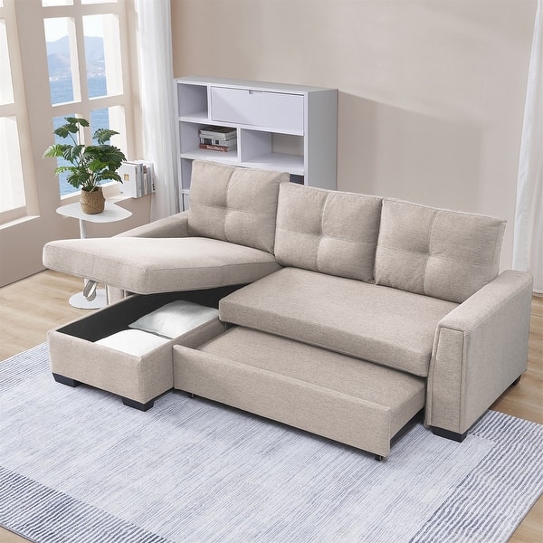 Pull Out Sleeper Bed L Shape Convertible Sectional Sofa Storage Chaise ...