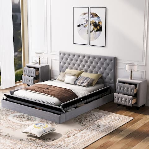 Nestfair Full Size Upholstery Storage Platform Bed with Two Nightstands
