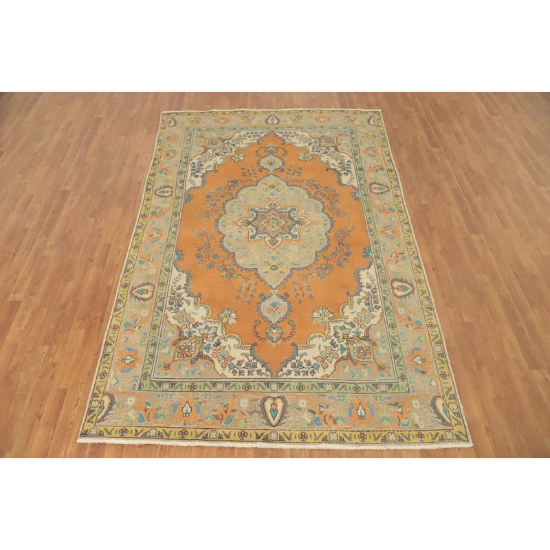 Hand Knotted Oriental 100% Wool Carpet Traditional Floral Oranges & Rust Tabriz Area Rug - 9' 7'' X 6' 1''