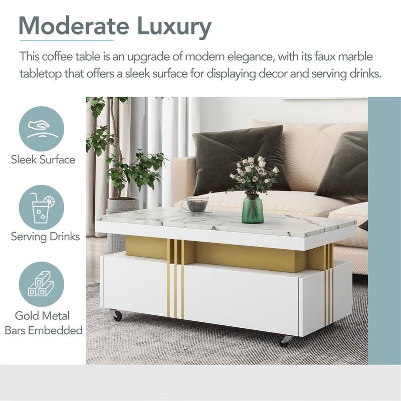 Merax Contemporary Coffee Table with Faux Marble Top, Rectangle Cocktail Table