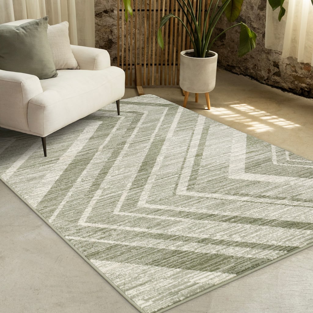 Green Chevron Distressed High Traffic Rug