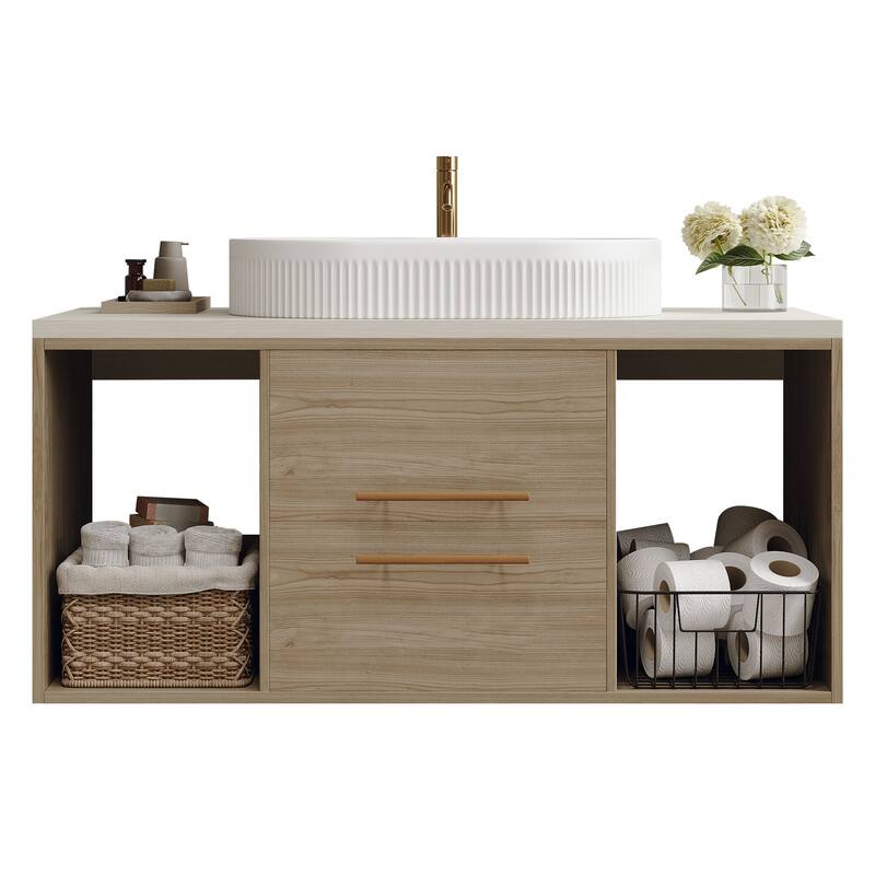 Modern 38.2 Wall-Mounted Bathroom Vanity with Oval Ceramic Sink Floating Vanity Multi-Layer Solid Soft-Close Drawers Open Shelf