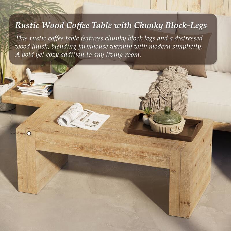 COZAYH Rustic Wood Coffee Table with Chunky Block-Legs, Farmhouse Style Center Table, Lounge, Rectangular, Natural