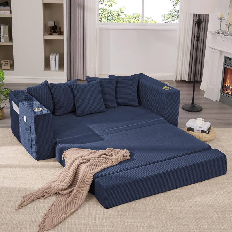 2-in-1 Convertible Sleeper Sofa, Floor Folding Couch, Sofa Bed with Side Pocket, Pull Out Loveseat with Cup Holders
