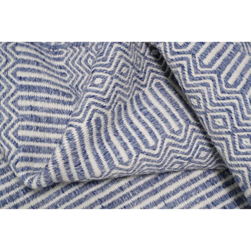 Hand Woven Oriental 100% Wool Carpet Traditional Geometric Navy Blue & Blues Durrie-Kilim Area Rug - 8' 1'' X 5' 0''