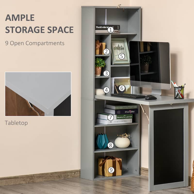 Fold-out Convertible Writing Table, Wall Mount Desk Cabinet, Home Office Desk with Side Shelf and Writing Blackboard
