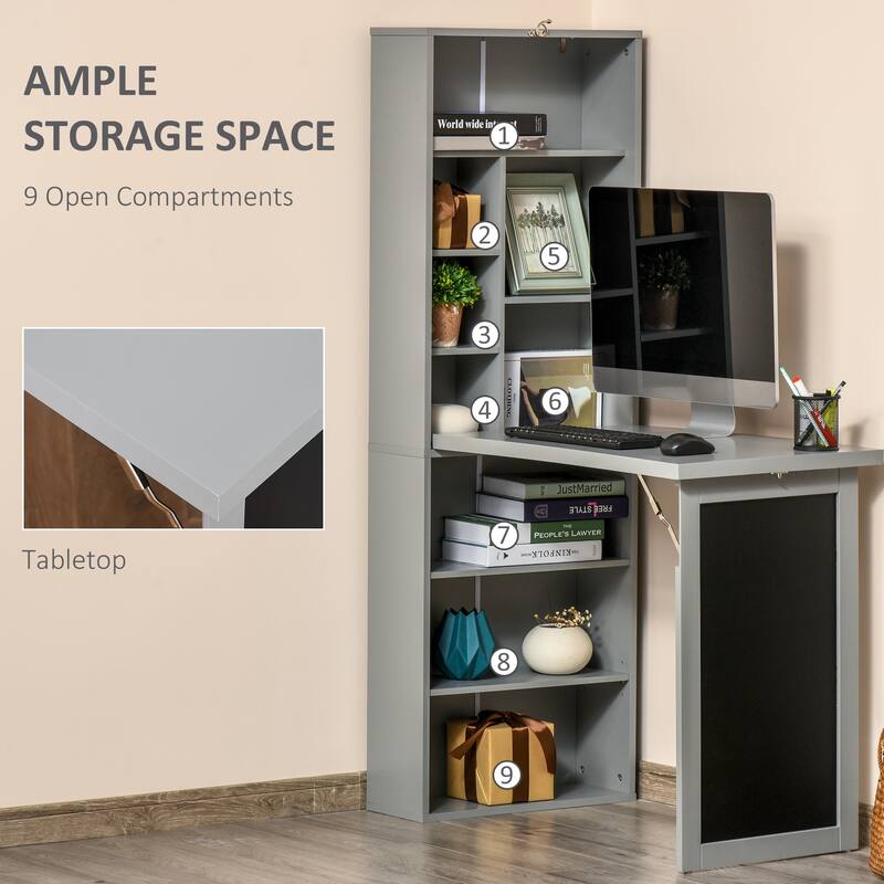 Fold-out Convertible Writing Table Wall Mount Desk Cabinet with Blackboard and Side Shelf Multi-Function