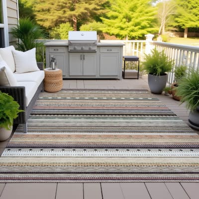 Machine Washable Indoor/Outdoor Boho Stripes Chantille Rug