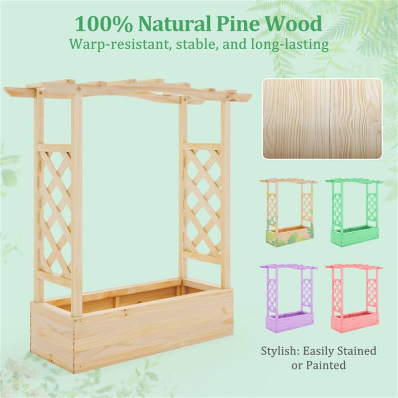 44" Wooden Raised Planter Box with Side Trellises and Open-Ended Bottom for Large Plants - Natural - 44" x 14" x 45"