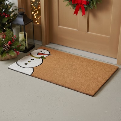 HomeRoots 24" X 36" Brown White And Red Christmas Snowman Outdoor Coir Door Mat - 24.00' X '36.00