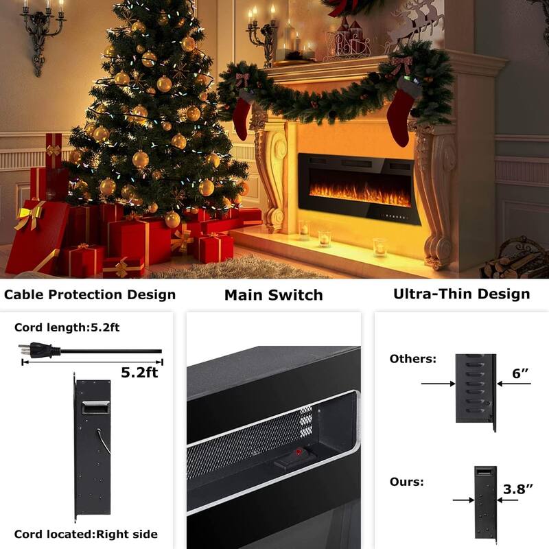 Bossin 30 to 72 inch Electric Fireplace Ultra-Thin and Silence Linear Recessed Wall Mounted Fireplace with Remote Control