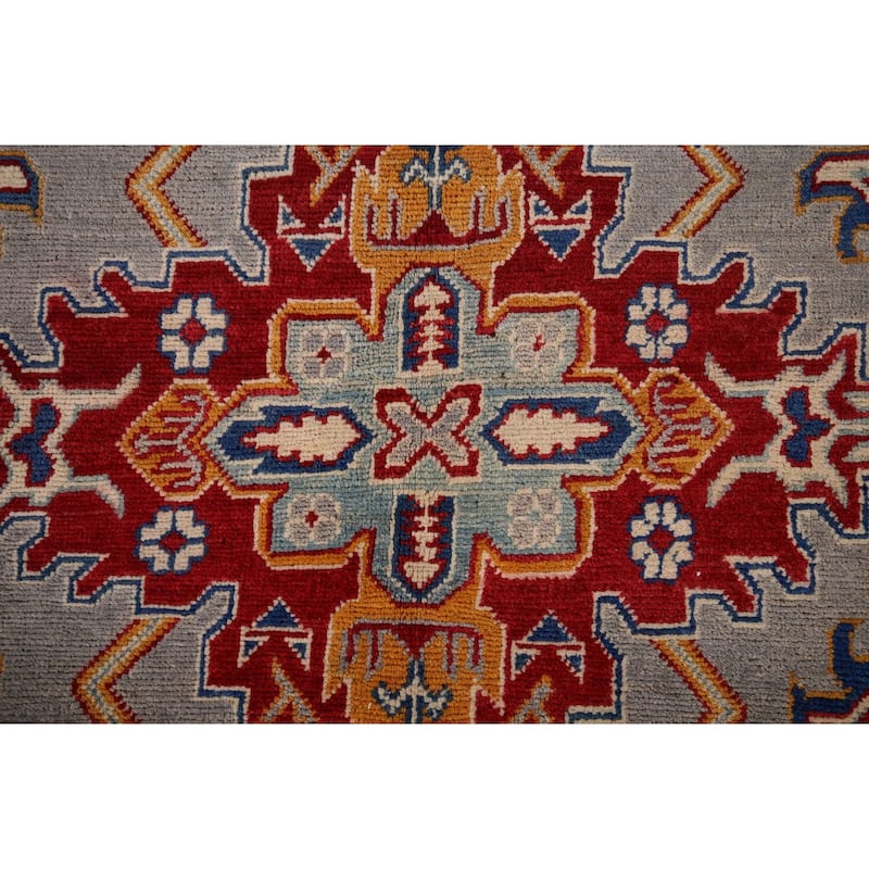 Geometric Kazak Rug Hand-Knotted Grey Traditional Wool Carpet - 5'10" x 8'4"