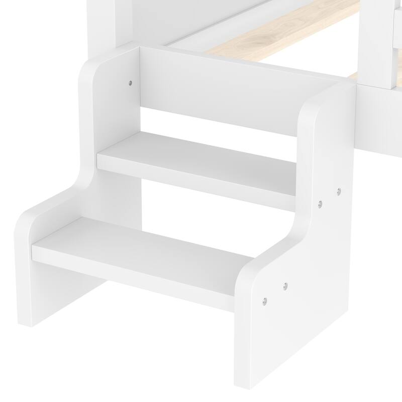 Roomfitters House Floor Bed with Bookcase and Blackboard, Solid Wood Frame with Low Stairs