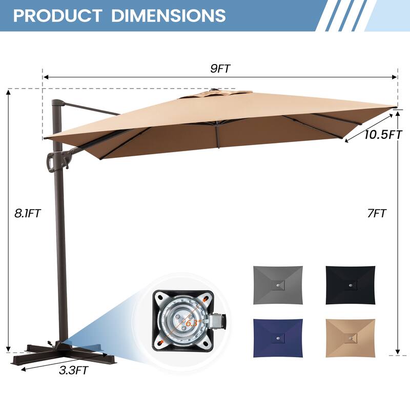 9 FT x 10.5 FT Outdoor Patio Umbrella Cantilever-Offset Umbrella with No Base