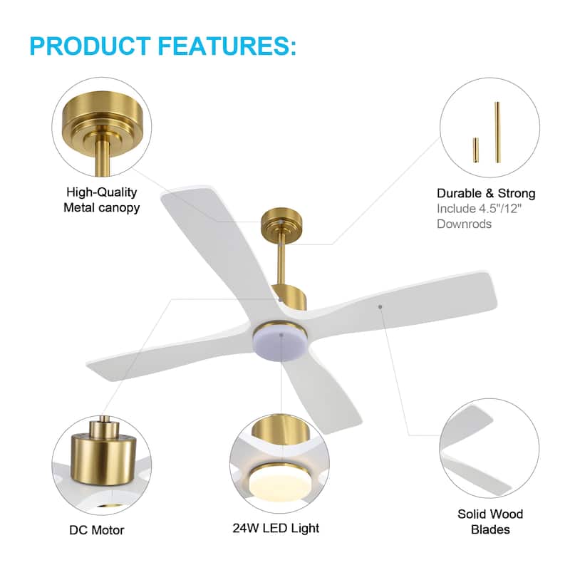 MLiAN 54 inch Solid Wood Indoor Ceiling Fan with Light Kit and Remote - 54 inch