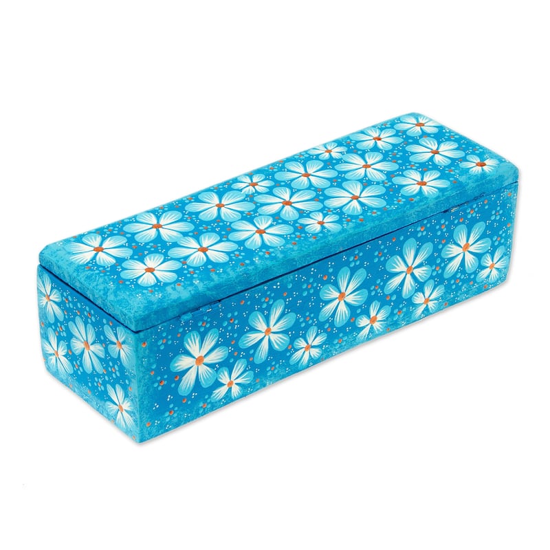 Novica Handmade Sky Blue Flowers Decorative Wood Box
