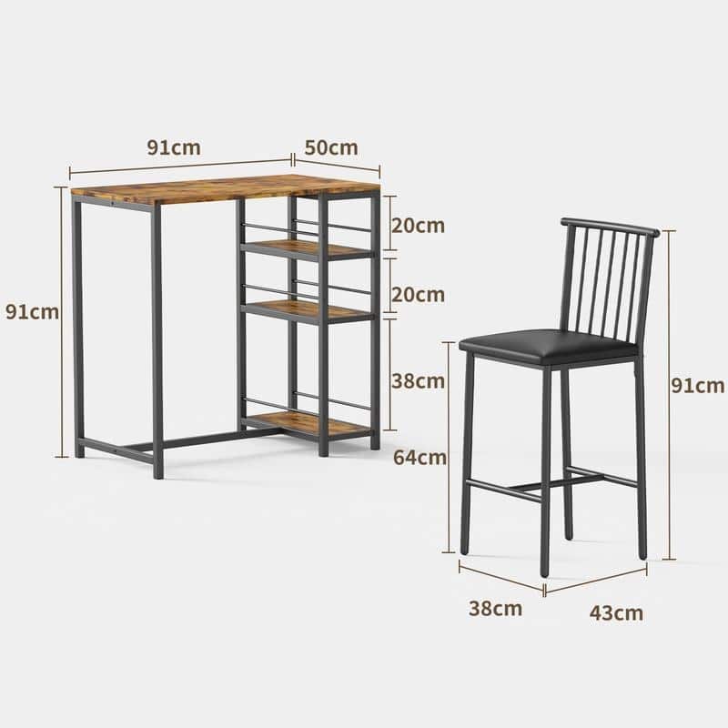 3 Pieces Bar Table Set and Chairs Set for 2 with 3 Storage Shelves