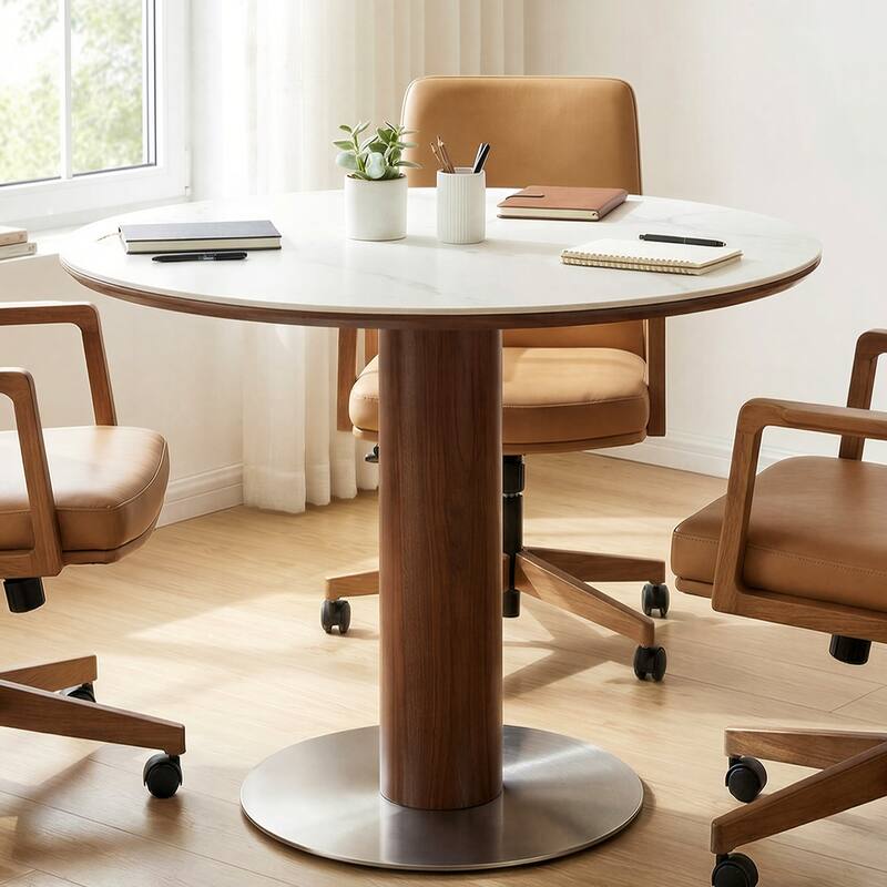 31.5 Inch Round Conference Table for 2-4, Office Meeting Table with Thicken Sintered Stone Tabletop - 31.5" Dia. x 29.53" H - White + Walnut