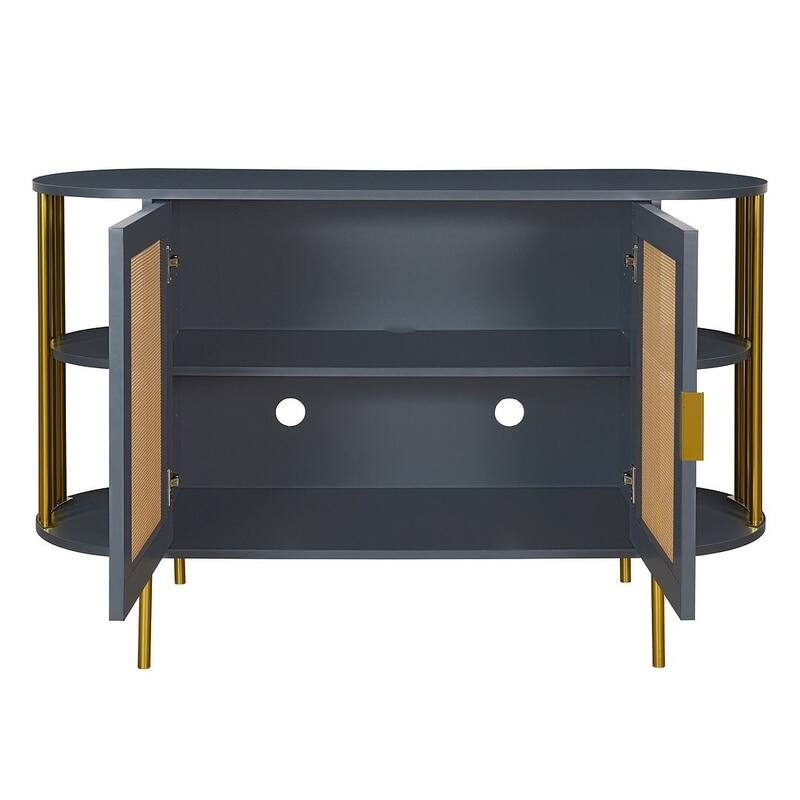 Sideboard Buffet Cabinets with Woven Ratta Doors, Curved Kitchen Storage Cabinets, Wood Coffee Bar Tables