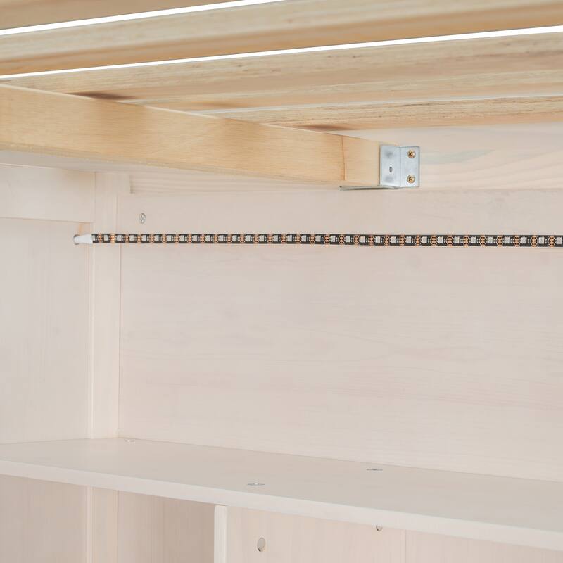 Full Loft Bed with Built-In Wardrobe & Study Desk - Space-Saving Frame with LED Lights & Shelves