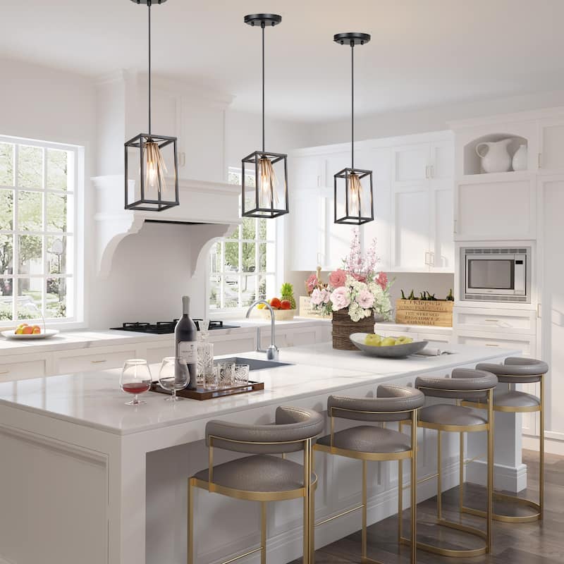 Modern Farmhouse Starburst Mini Pendant Black Gold Single Cage Kitchen Island Lighting - L 5'' * W 5'' * H 8.5''