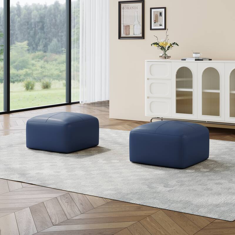 22"/ 35"/ 43" W Rectangular Modern Genuine Leather Ottoman Set of 2 - Small:22.2"×22.2"×13.8" - Navy Blue