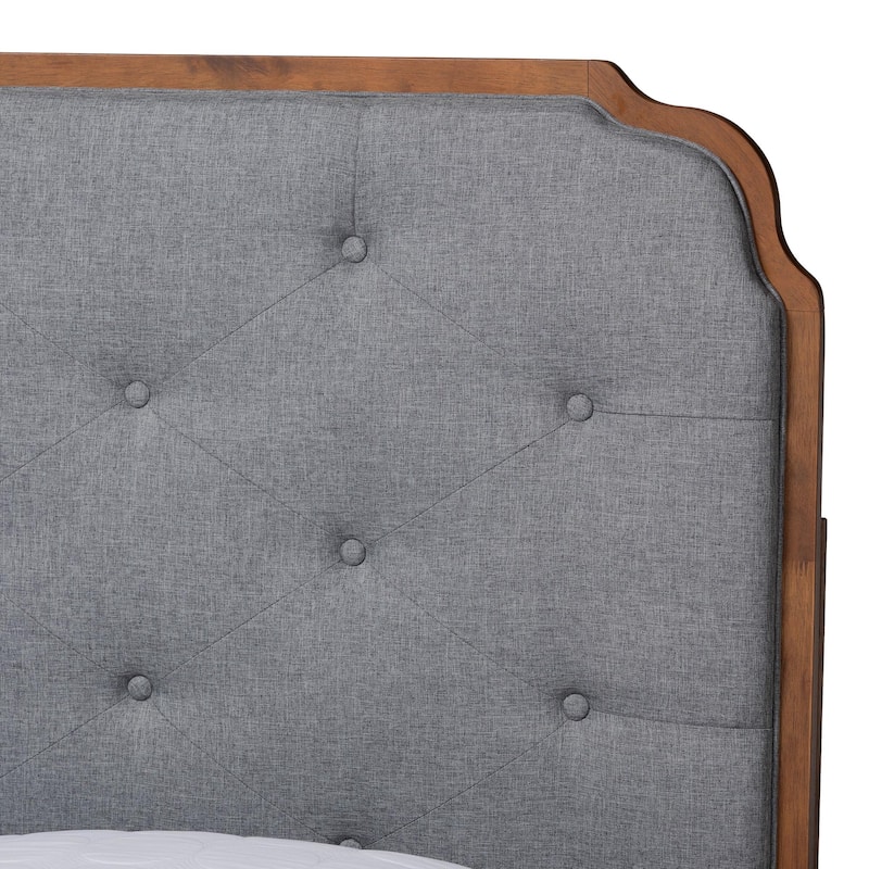 Roald Mid-Century Modern Grey Fabric and Walnut Brown Wood Queen Size Platform Bed