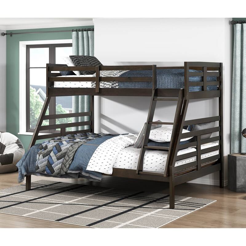 Twin Over Full Bunk Bed in Dark Brown, Durable Wood, Space-Saving Youth Furniture - Dark Brown