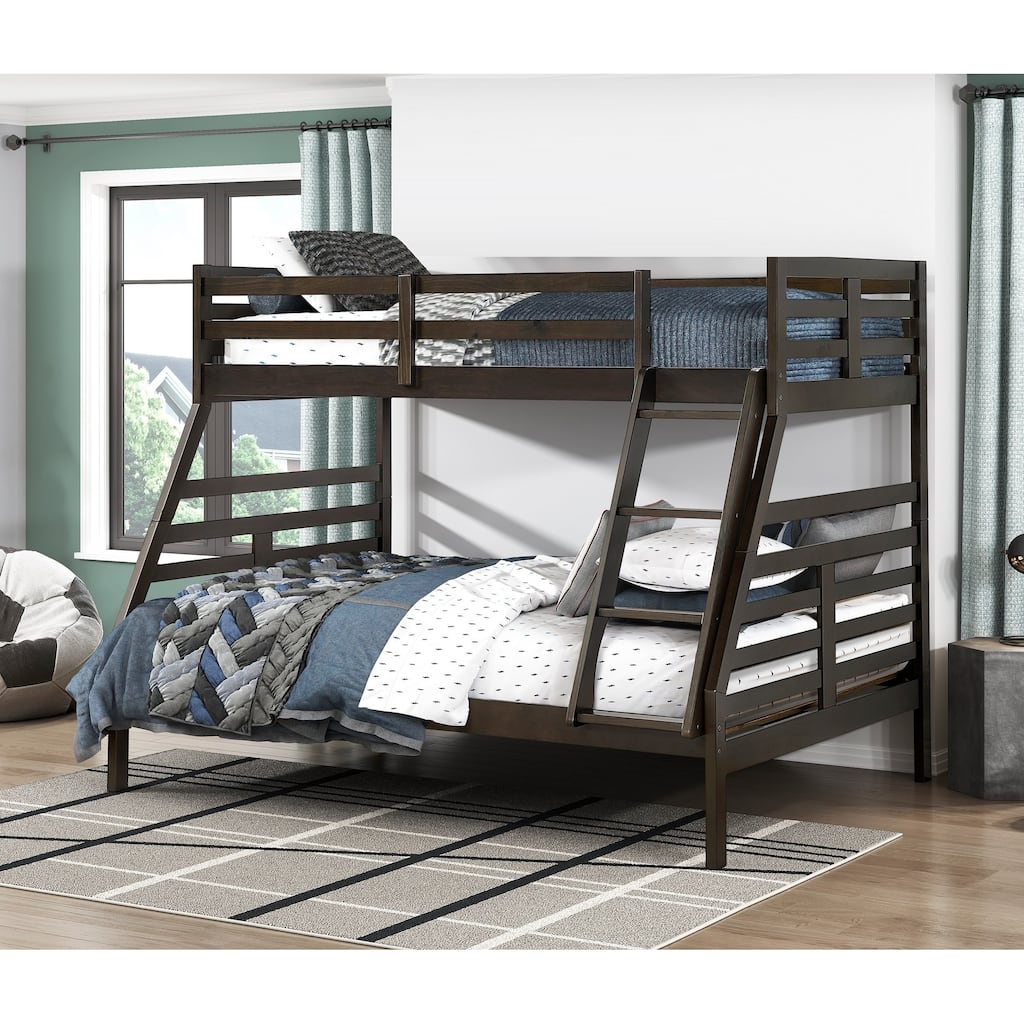 Twin Over Full Bunk Bed in Dark Brown, Durable Wood, Space-Saving Youth Furniture