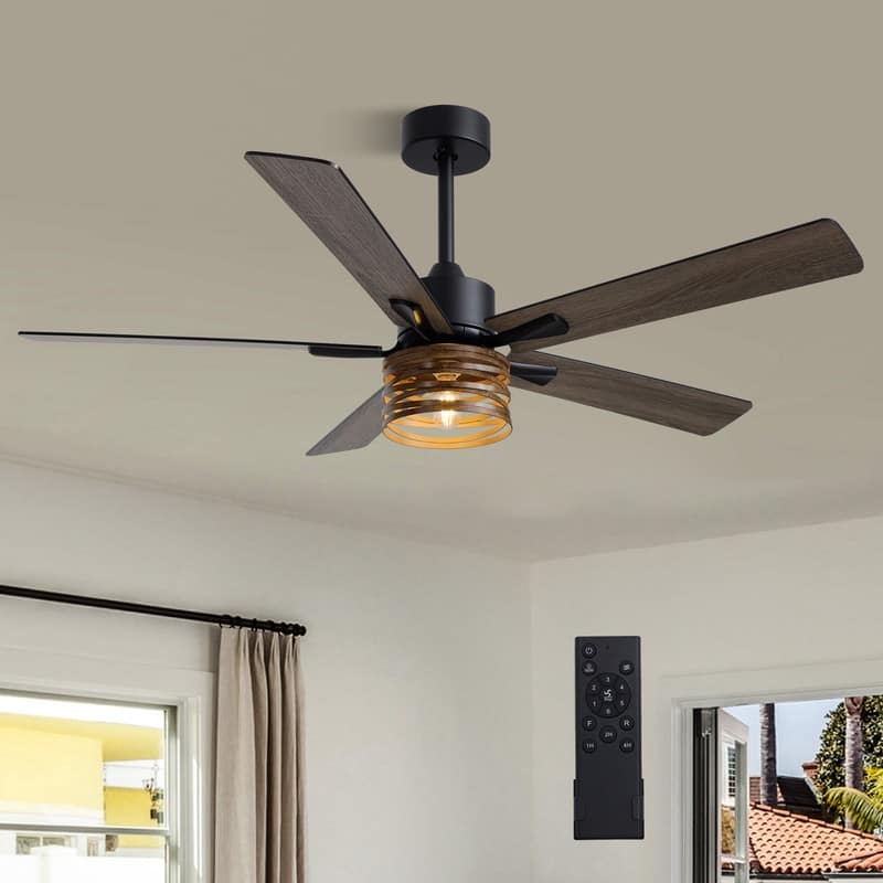52 Inch Farmhouse Ceiling Fans with Lights and Remote Wood Black Industrial Rustic Caged Ceiling Fan for Bedroom Living Room - WOOD CHANDELIER