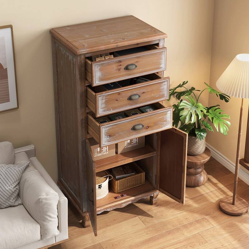 Rustic 50.79" Tall Wooden Accent Cabinet with Decorative Door and 3 Drawers
