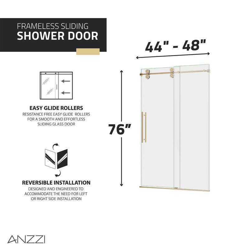 ANZZI Series 44 to 48 in. x 76 in. Frameless Shower Door with Sliding with Tsunami Guard Tempered Clear Glass