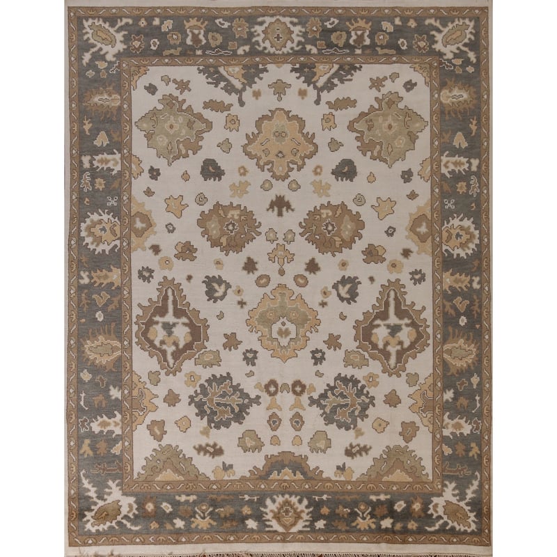 Ivory Oushak Indian Area Rug Hand-Knotted Transitional Wool Carpet - 8'0" x 9'11"