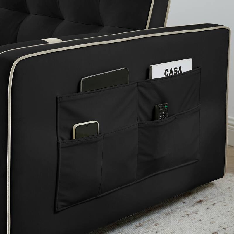 Velvet Sofa Bed with Adjustable Back and Storage Pockets, Multifunctional Sleeper Sofa