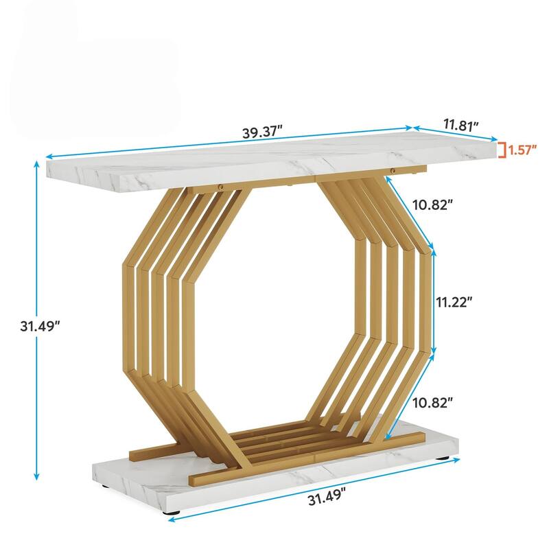 40"Gold Console Table, Faux Marble Entryway Narrow Sofa Table with Geometric Metal Base, Modern Accent Entrance Table