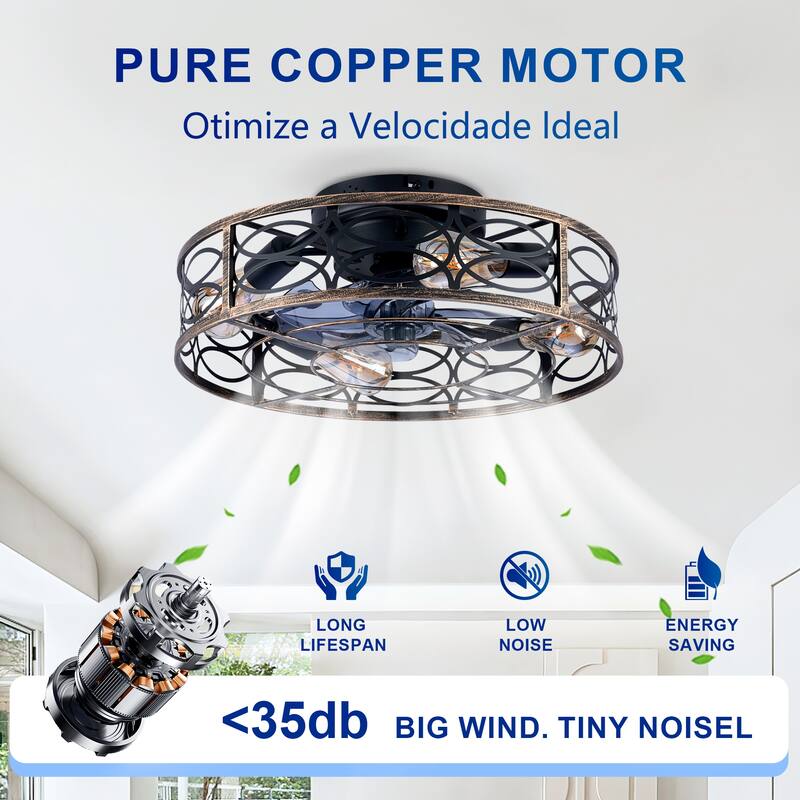 20 inch Flush Mount Ceiling Fan Light with Remote Caged Farmhouse Fandelier Black Wood Low Profile